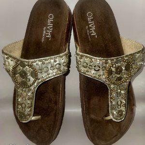 OLIVIA by Olivia Miller Gold Copper Sequin Thong Sandal Cork Footbed